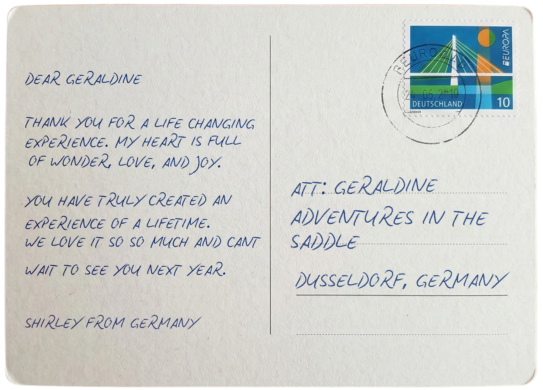 Handwritten postcard from a guest